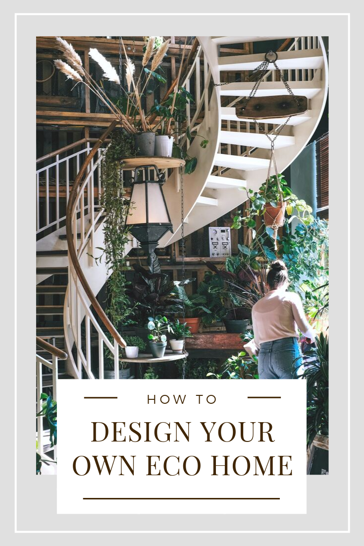 A spiral staircase is shown and a woman below waters one of her many plants. A banner below reads, "how to design your own eco home."
