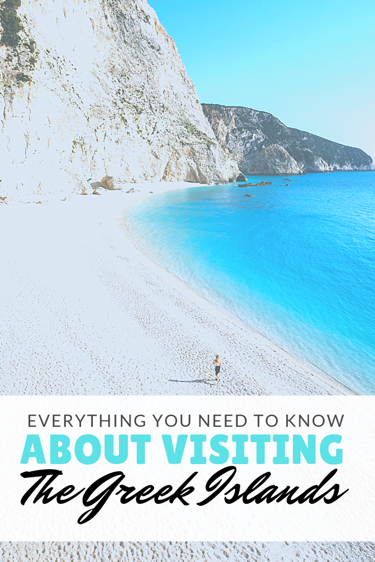 White sand beach in Greece, with turquoise waters. A banner reads, "Everything you need to know about visiting the Greek Islands.'