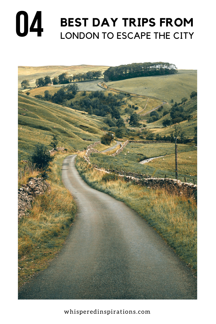 A banner reads, "4 best day trips from London to escape the city," A beautiful country road in rural London, England, outside of the city is shown.