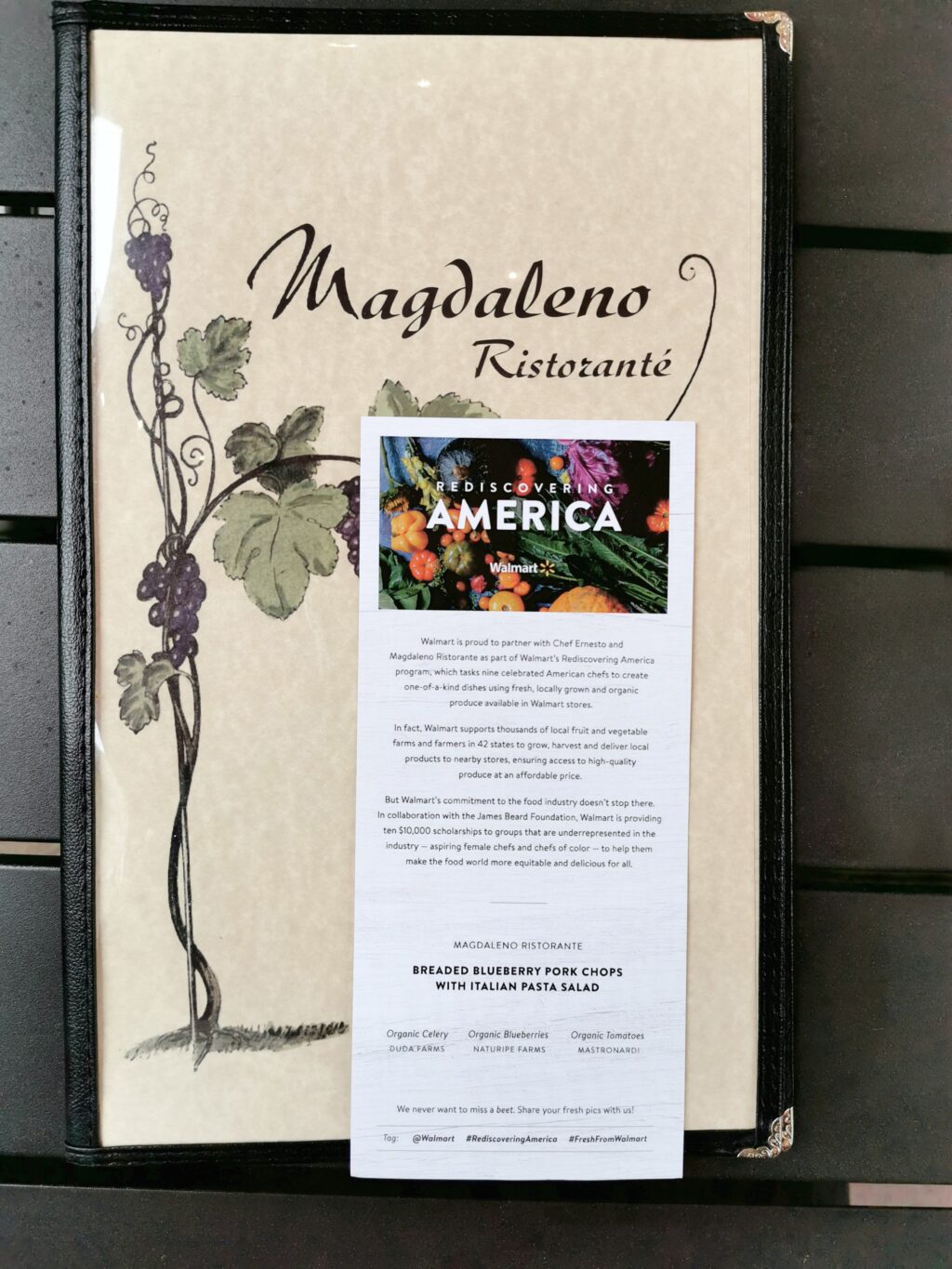 Magdaleno Ristorante menu with 'Rediscovering America' flyer.