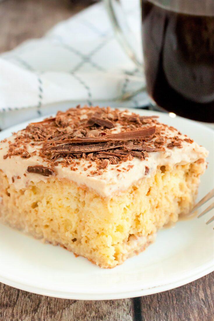 A slice of Nescafe Coffee Tres Leches cake.