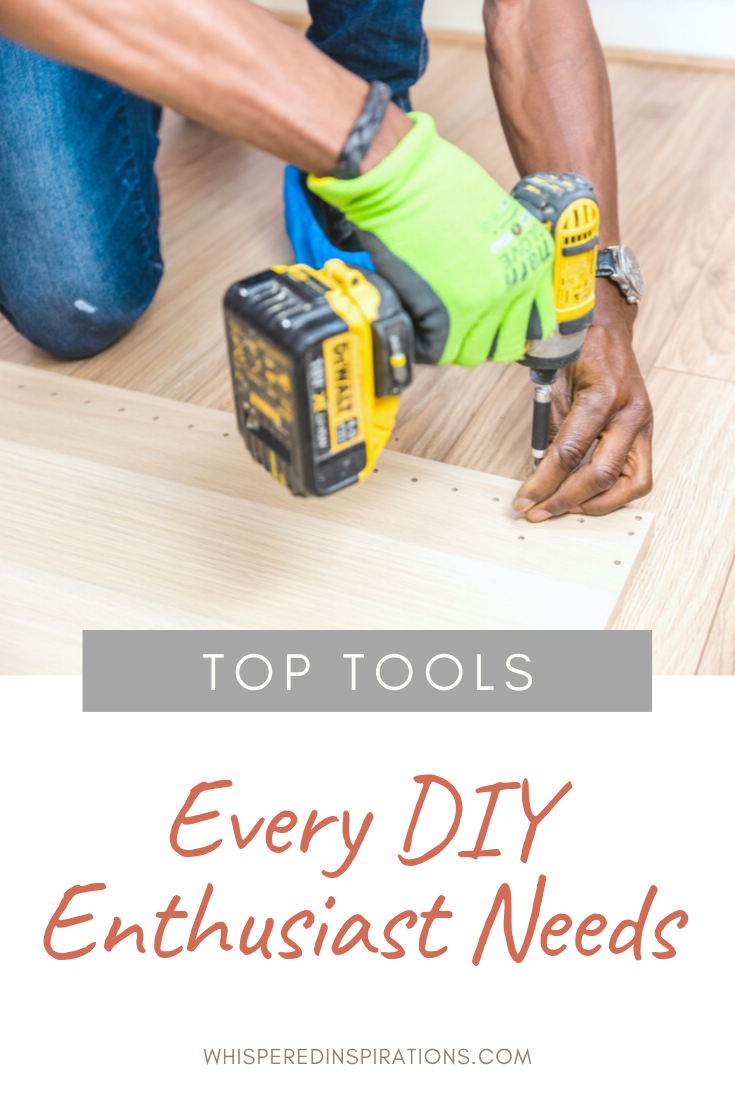 A man drills wood planks into the floor. A banner reads, "Top tools every DIY Enthusiast Needs."