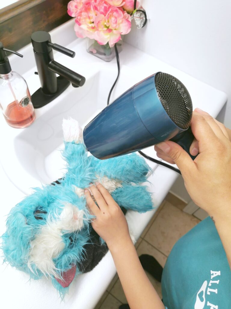 Using a hairdryer to finish drying the Scruff-a-Luvs.