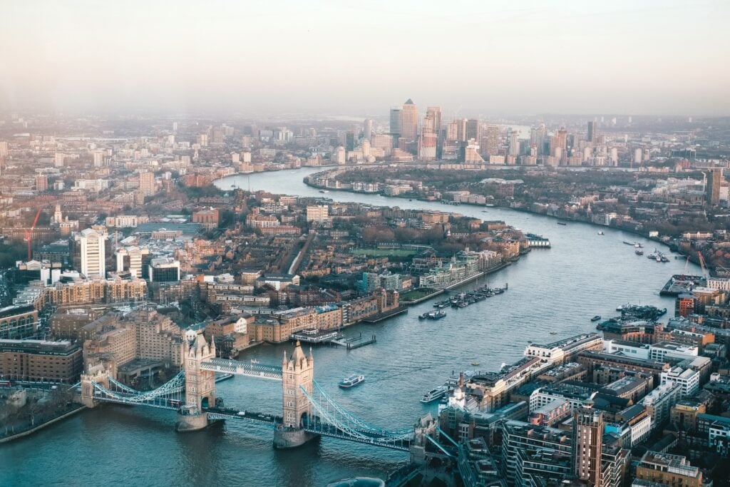 An aerial view of London. You can see London Bridge and more.