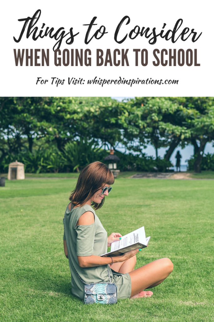 A banner reads, "Things to consider when going back to school," a picture of An older woman sits on a lawn reading a book and studying.

There are many reasons why you may think about going back to school. Like stability and securing a better future for your family. Use these tips! #tips