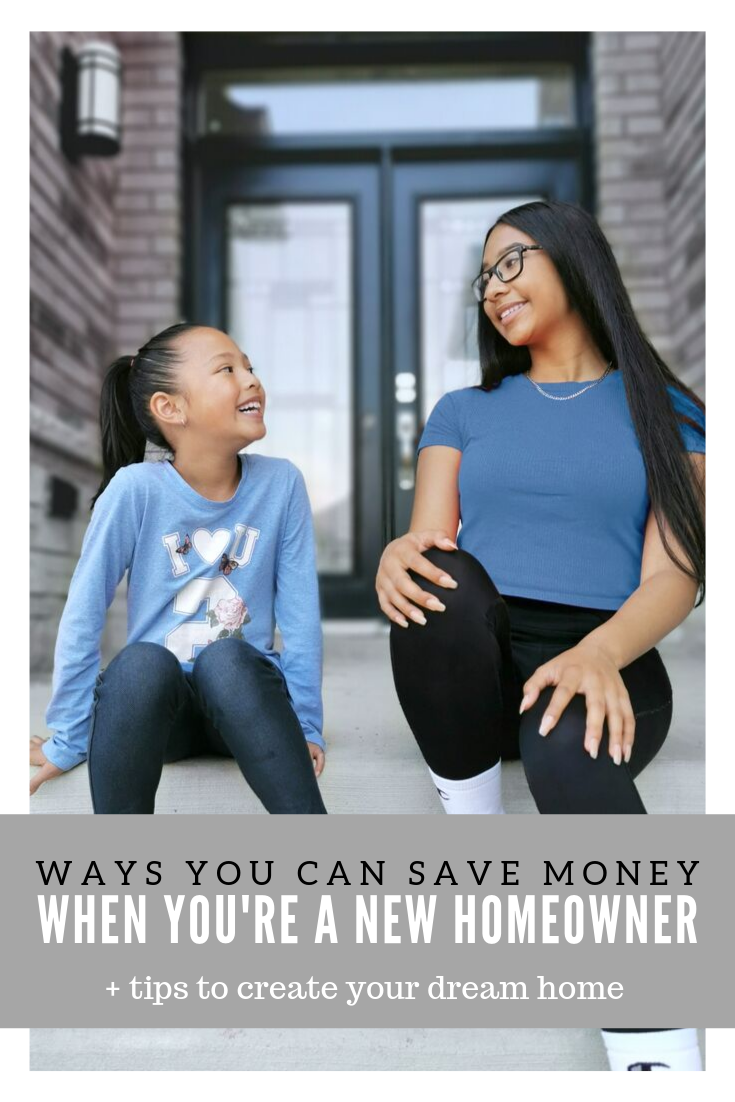 A picture of Gabby and Mimi sitting on a porch. A banner reads, "Ways you can save money when you're a new homeowner + tips to make your dream home."