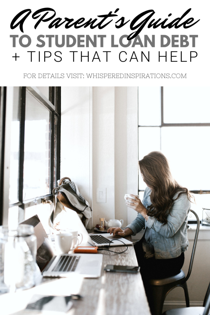 A banner reads, "A Parent's Guide to Student Loan Debt + tips that can help," Woman sits in a cafe, sips on coffee, and uses her laptop is shown.