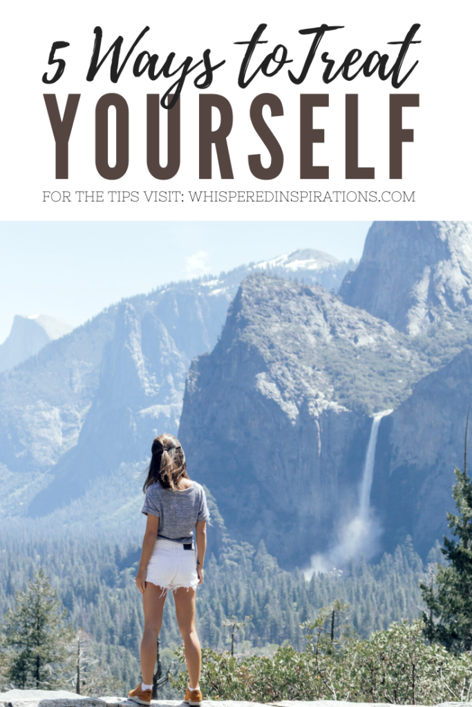 A banner reads, "5 ways to treat yourself," a picture of Girl hiking, mountain and waterfall is in front of her in distance.