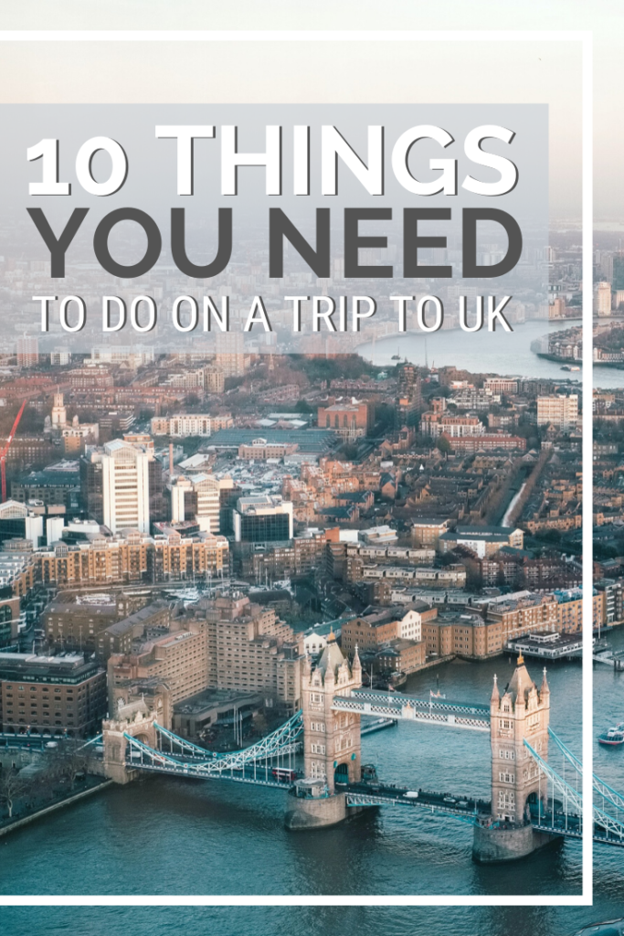 An aerial view of London. You can see London Bridge and more. A banner reads, "10 things you need to do on a trip to the UK."