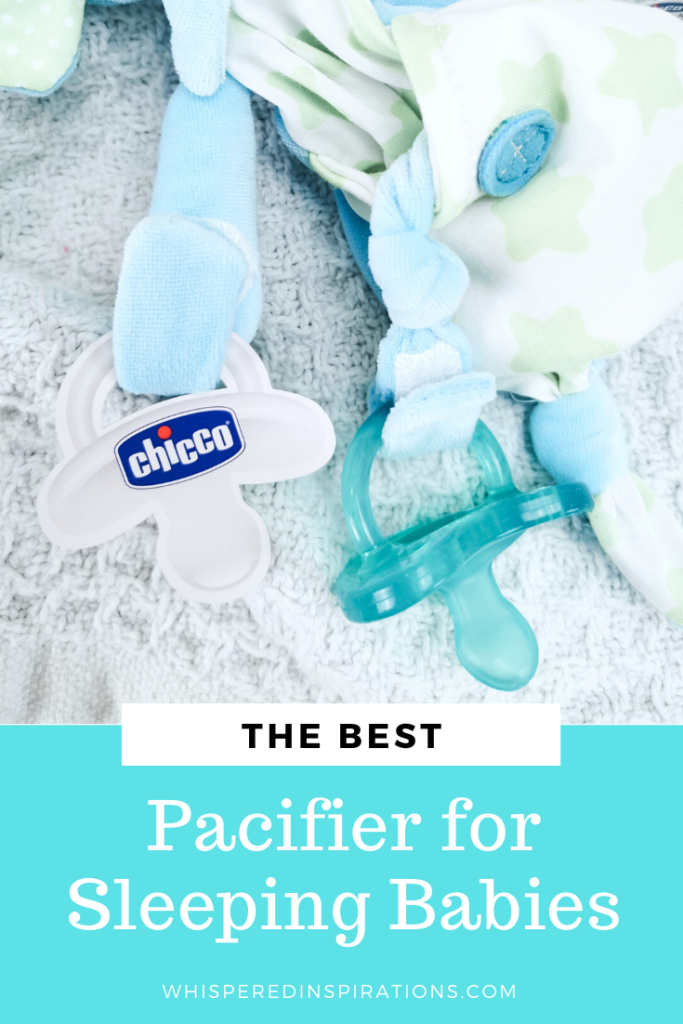 A baby laying on a blanket, he is looking at the camera. This baby could use one of the best baby pacifiers in 2020, like Chicco. A banner below reads, "The Best Pacifier for Sleeping Babies."