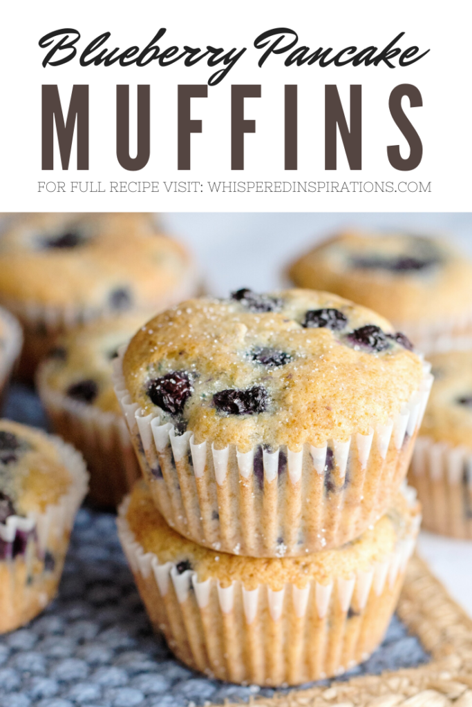 Top view of two blueberry pancake muffins. A banner reads, "Blueberry Pancake Muffins."