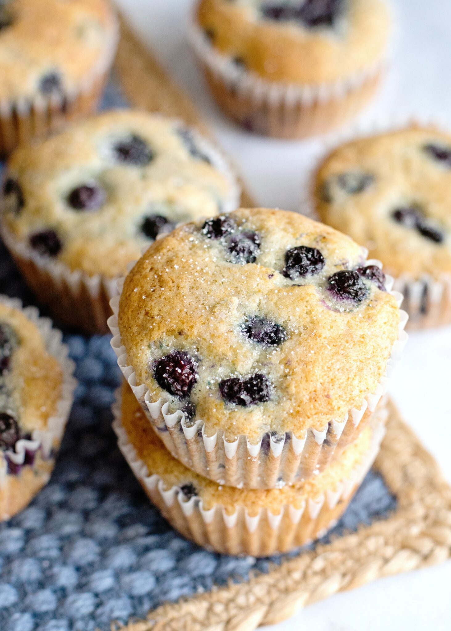 Top view of two blueberry pancake muffins.