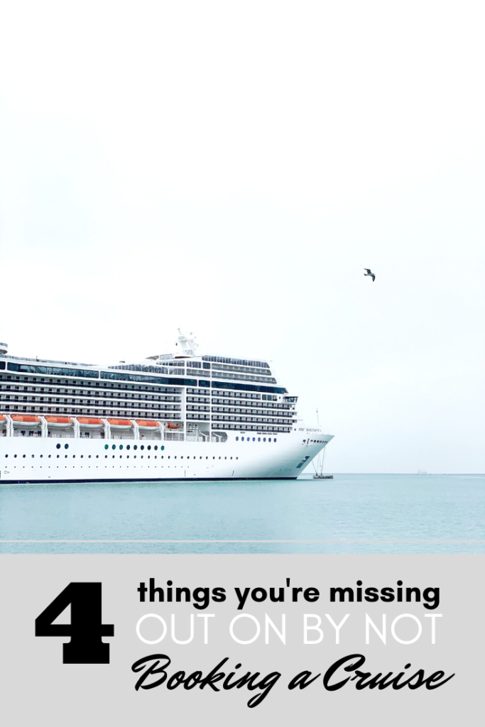 A cruise ship against a white sky, a bird flies high in the sky. A banner reads, '4 things you are missing out on by not booking a cruise.'