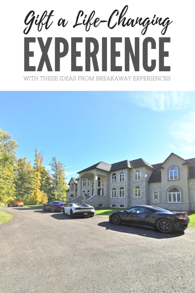 A banner reads, "Gift a Life-Changing Experience with these ideas from Breakaway Experiences." An estate is shown with supercars parked out front.