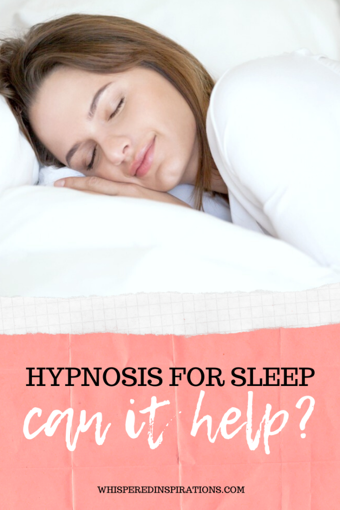 A woman sleeps peacefully on a white pillow and sheets. She uses hypnosis for sleep and sleeps soundly. A banner reads, "Hypnosis for sleep, can it help?"