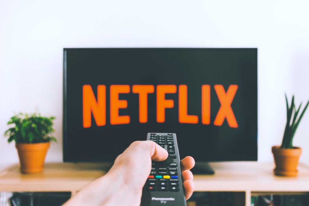 A person points the remote to the TV while Netflix starts up. Two plants sit next to the TV. 