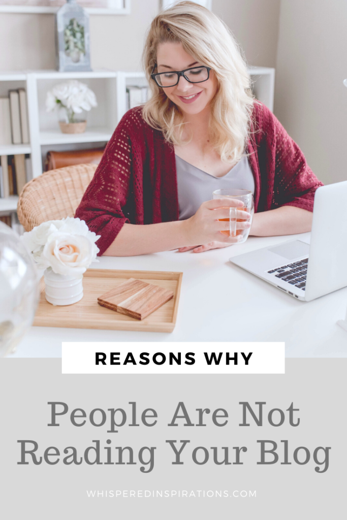 Blonde woman sits down at her desk with her laptop. A banner below reads, "Reasons why people are not reading your blog."