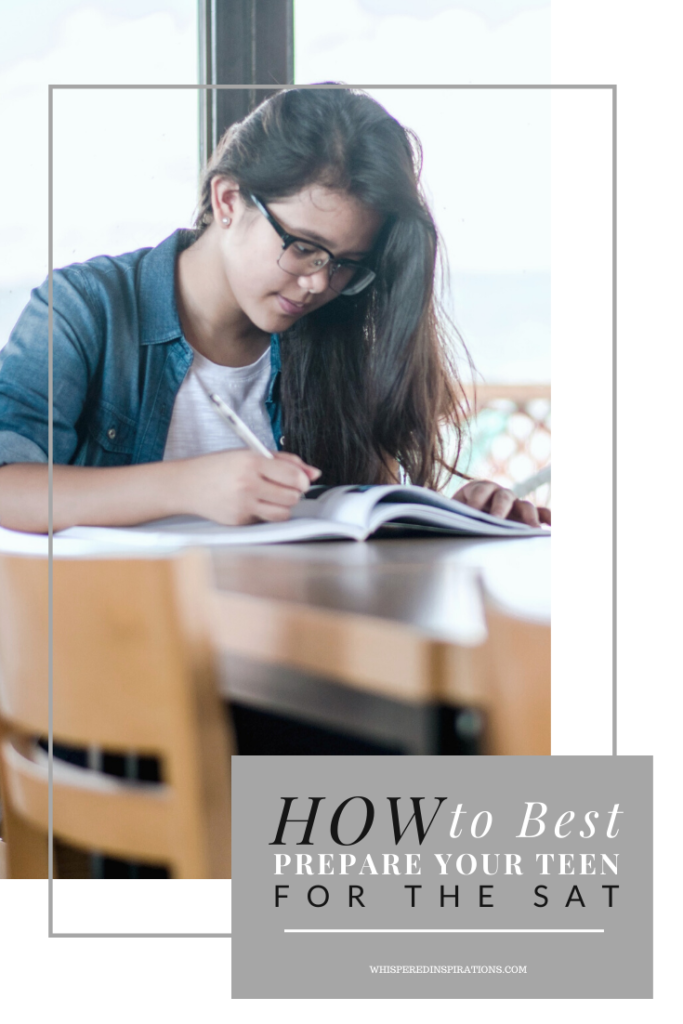 A student sits in a library by herself, studying for the SAT test. Below a banner reads, "How to best prepare your teen for the SAT test."