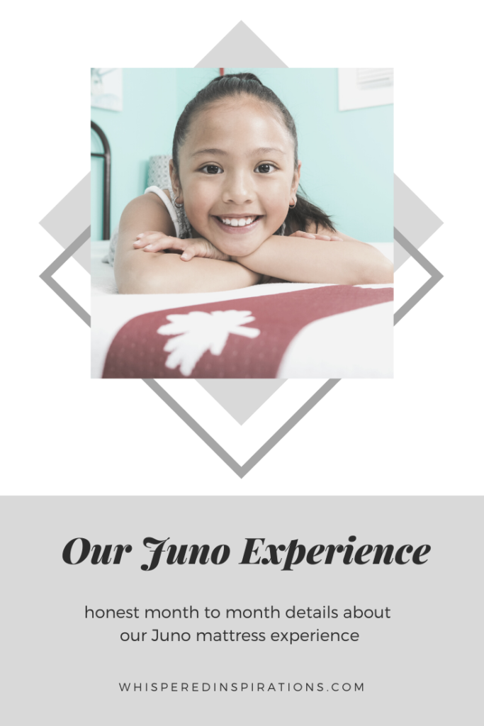 A little girl lays on her new Juno Mattress and smiles. A banner reads, "Our Juno experience. Month to month details about our Juno experience."