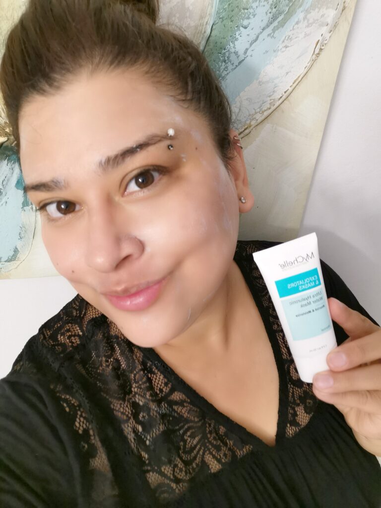 Nancy during evening skincare and after cleansing and toning face. Using the MyChelle Hyaluronic Mask, one of their great natural skin care products.
