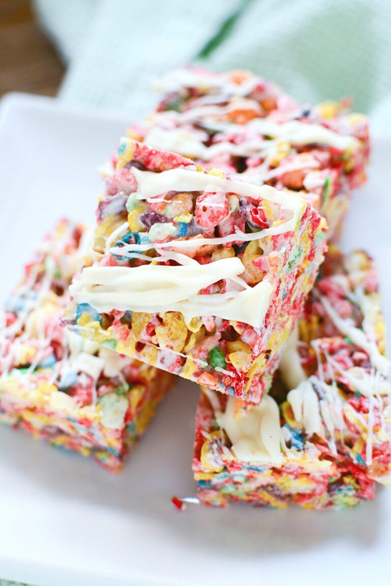 Fruity Pebbles Squares with White Chocolate Drizzle