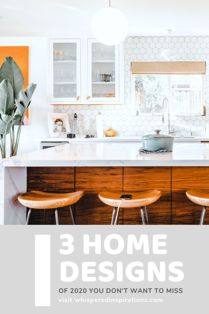 A modern white kitchen with warmth added in via natural wood. A banner below reads, "3 Home Designs of 2020 You Don't Want to Miss."