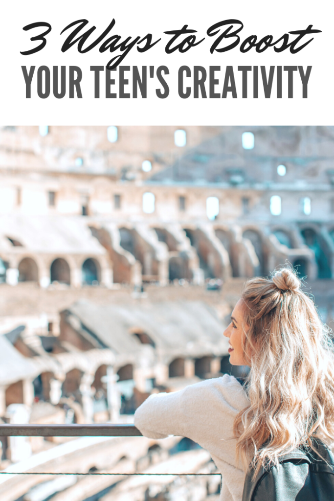 A teenager is pictured with a back back and is smiling with her head turn. In front of her, is a gorgeous stadium. She looks hopeful and happy. A banner reads, "3 ways to boost your teen's creativity."