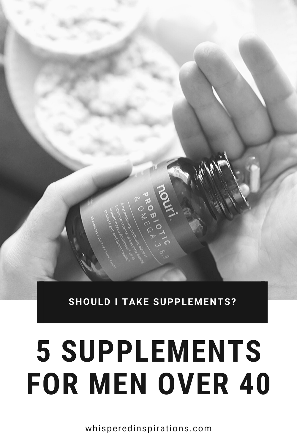 A hand pours out Omega 3 vitamins, a banner reads, "Should I take supplements, 5 supplements for men over 40."