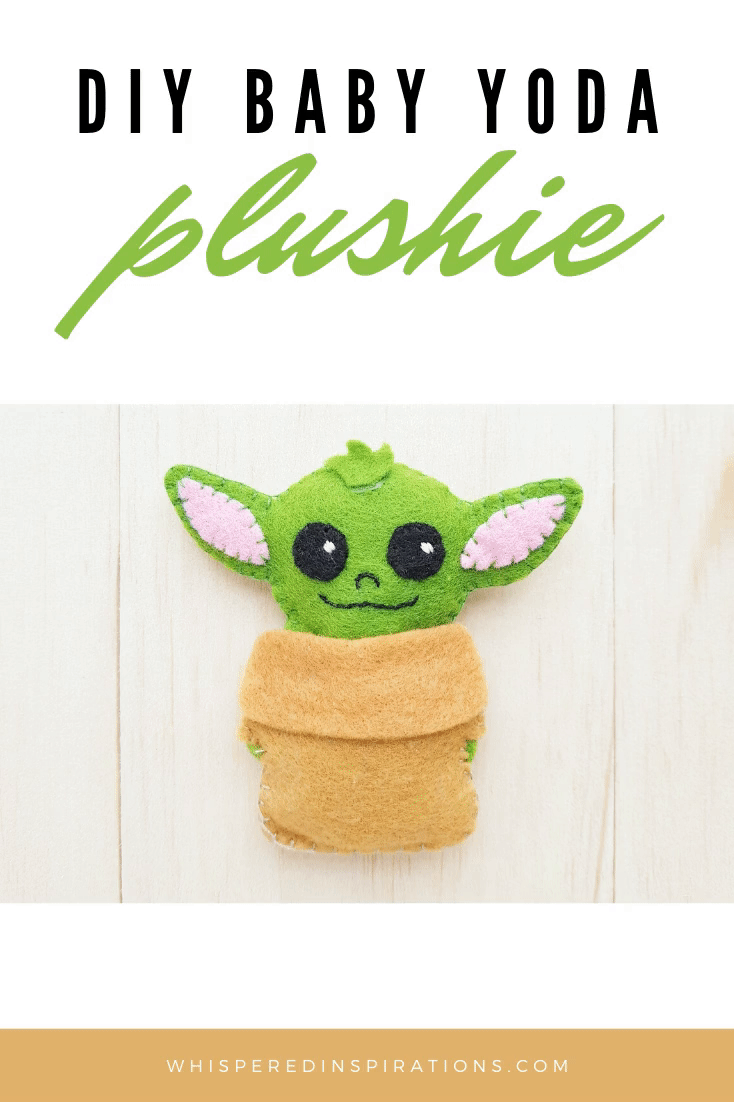 A banner reads, "DIY Baby Yoda Plushie," a close-up picture of a baby yoda plushie.