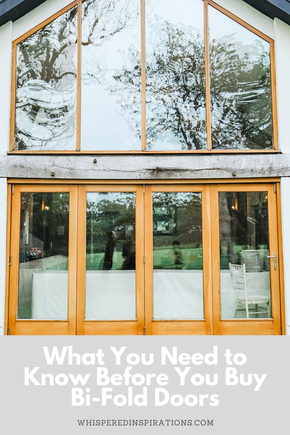 A backyard shows large windows and a wooden bi-fold door. A banner reads, "what to know before you buy bi-fold doors."