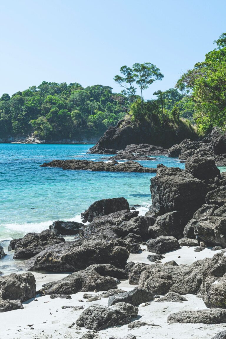 A beautiful beach in Costa Rica, black rocks, white sands, and blue water.
