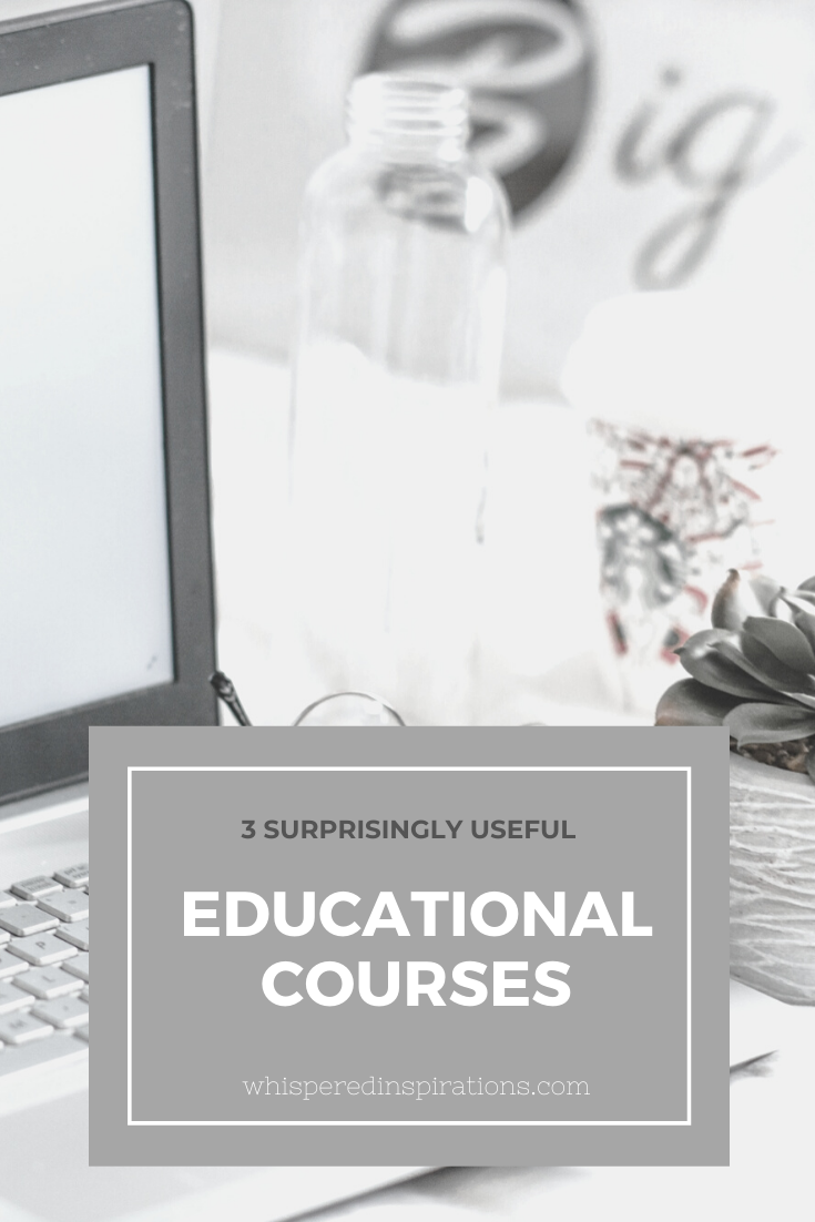 Laptop with iPhone, glasses, succulent on desk. A banner reads, "3 surprisingly educational courses."