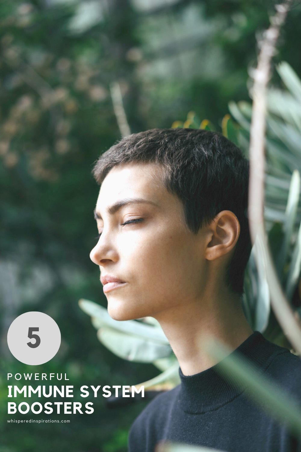 Woman in a forest with eyes closed and meditating. A banner reads, 5 Powerful Immune System Boosters.