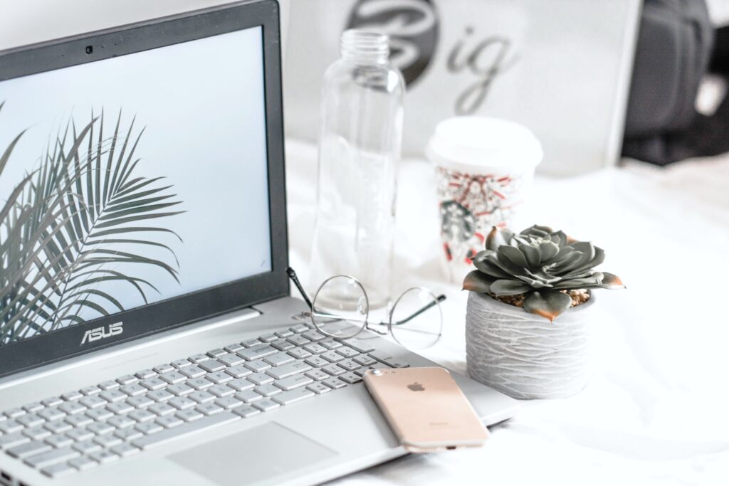 Laptop with iPhone, glasses, succulent on desk.