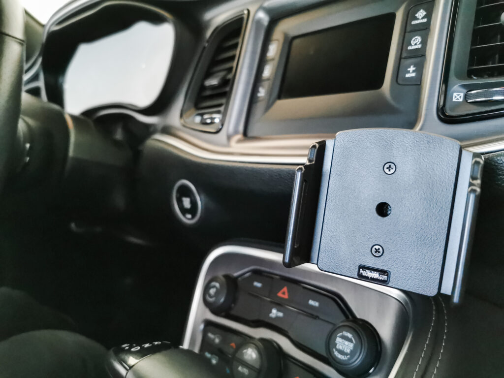 The ProClip device holder is ready to go. It is pictured mounted onto Dodge Challenger.