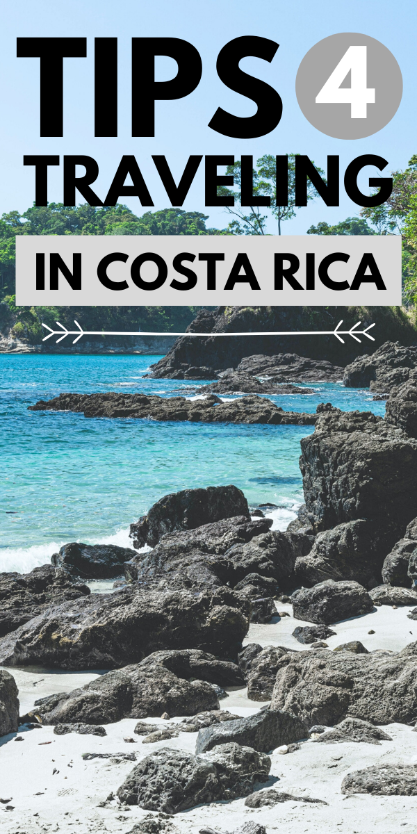 A banner reads, "Tips 4 traveling in Costa Rica," A beautiful beach in Costa Rica, black rocks, white sands, and blue water.