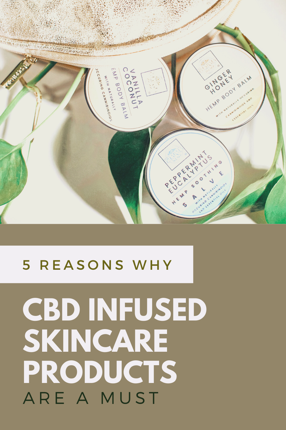 A bag spilling out CBD infused products. A banner reads, "5 Reasons Why CBD-Infused Skincare Products are a Must."