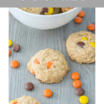 A banner reads, 'Super Easy Oatmeal Peanut Butter Cookies," a bowl is in the background and a stack of cookies are in focus.