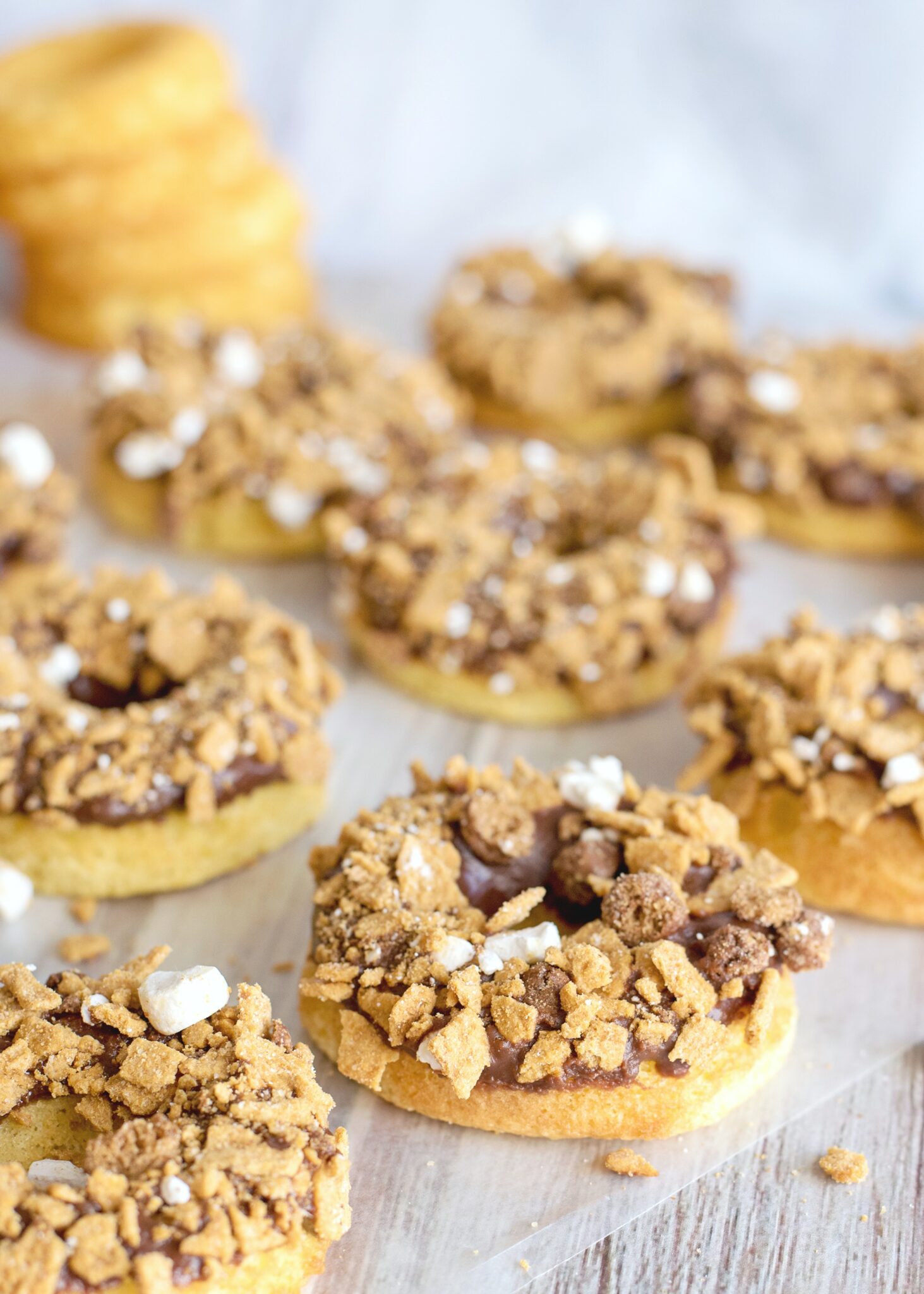 Donuts are cooled and topped and ready to be enjoyed. S'mores donuts for the win.