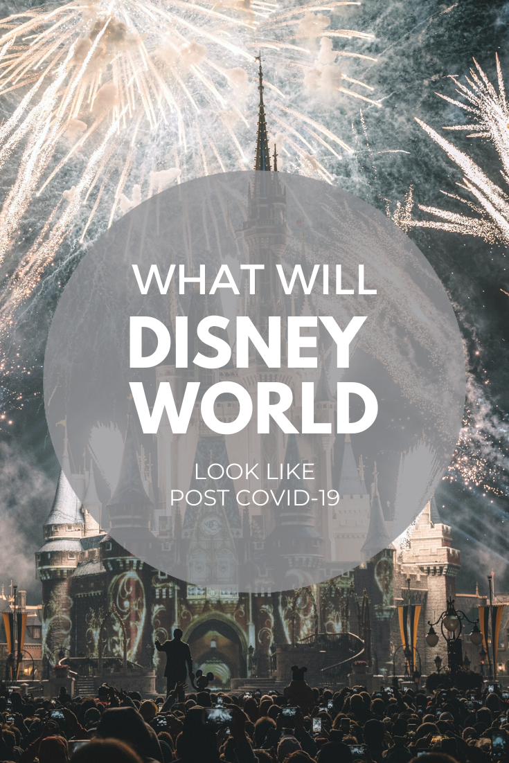 A picture of Disney World during the fireworks. You can see Walt Disney holding hands with Mickey as a silhouette. A banner reads, 'What will Disney World Look Like Post Covid-19?"