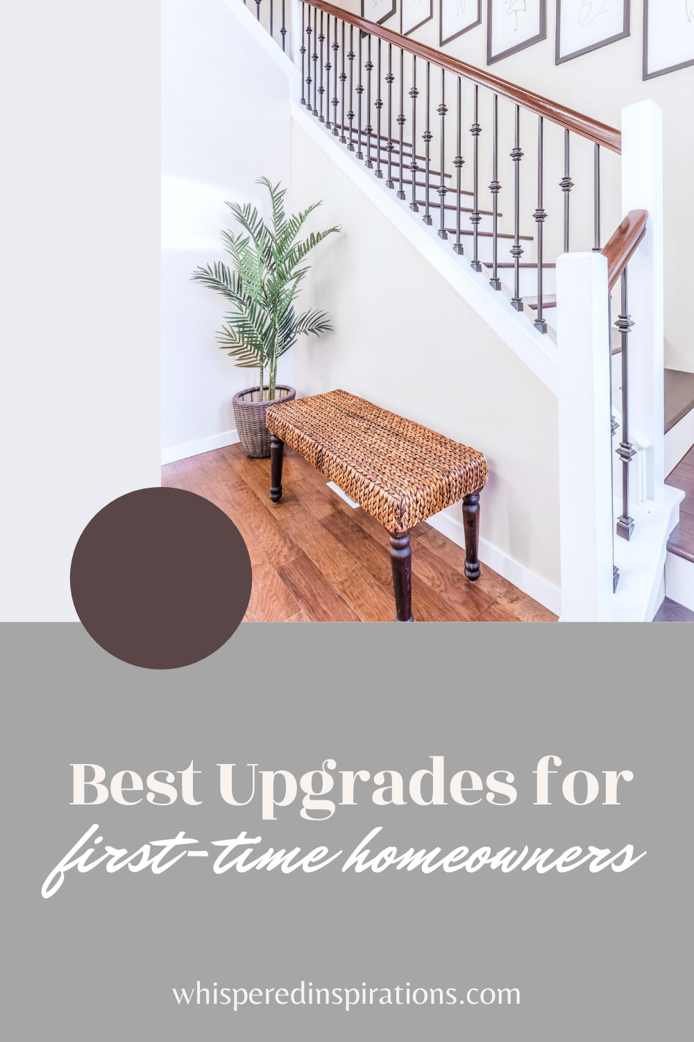 A beautiful staircase with a bench and houseplant. This article is about the best upgrades for first time homeowners.