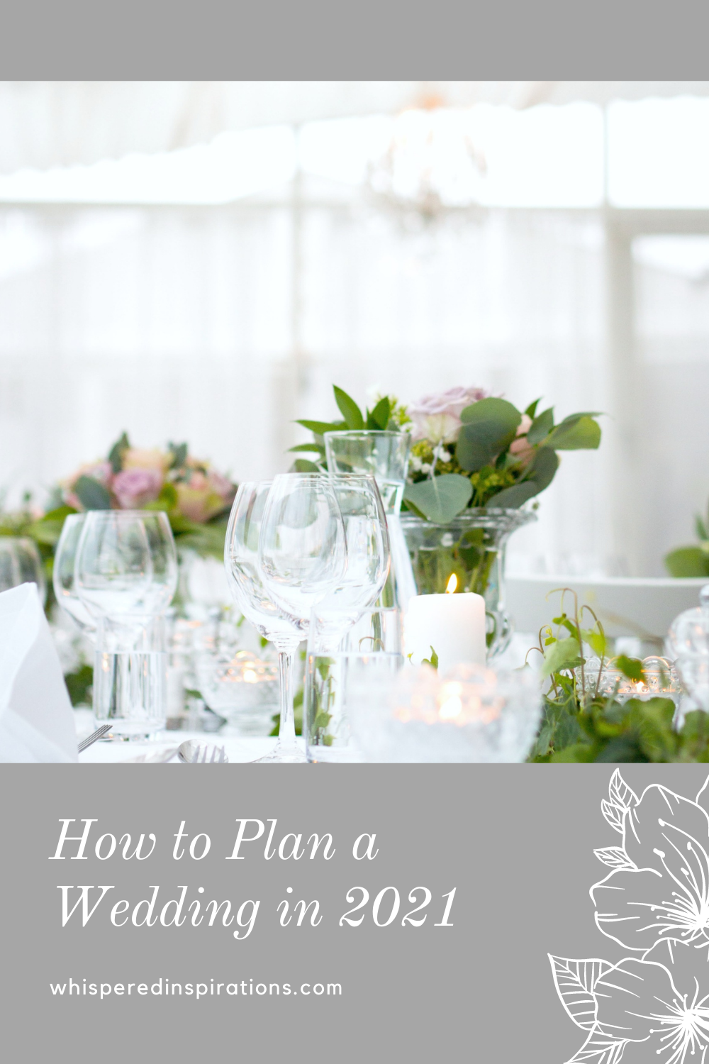 A table decorated and set for a wedding. A banner reads, "How to Plan a Wedding in 2020."