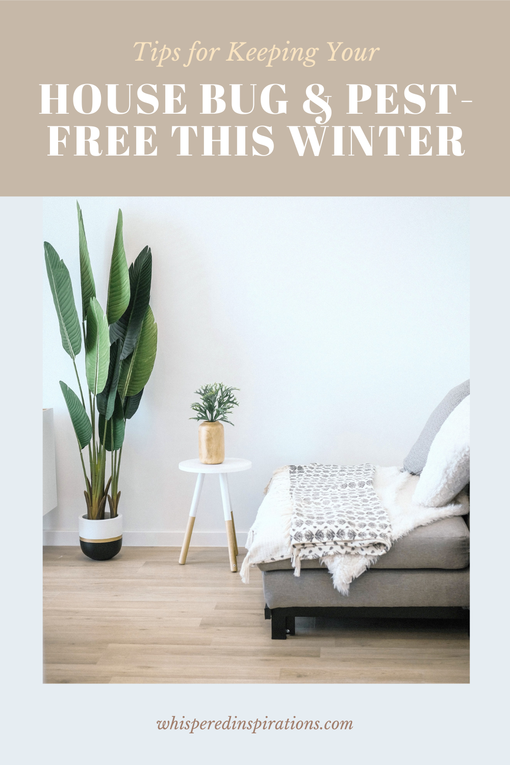 A bohemian styled living room to show a pest-free home. This article provides tips for keeping your house pest-free this winter. A banner reads, "How to Keep Your Home Bug and Pest-Free This Winter."