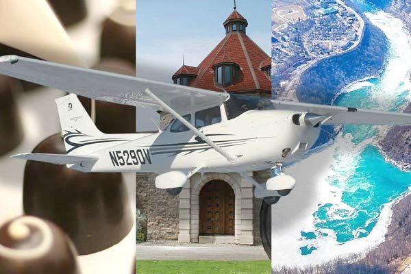 A flying plane with chocolate, Niagara Falls, and a vineyard is behind it. One of many great socially-distanced experiences.