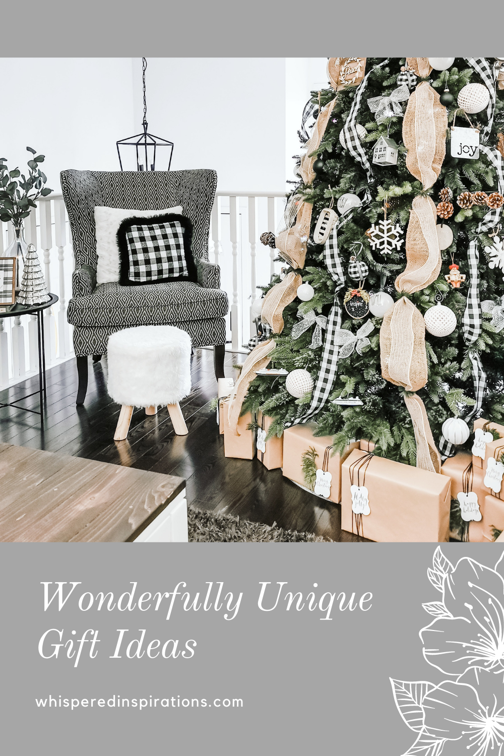 A farmhouse style tree with gifts surrounding it. It is placed in a living room with a wing back chair. A banner below reads, "Wonderfully Unique Gift Ideas."