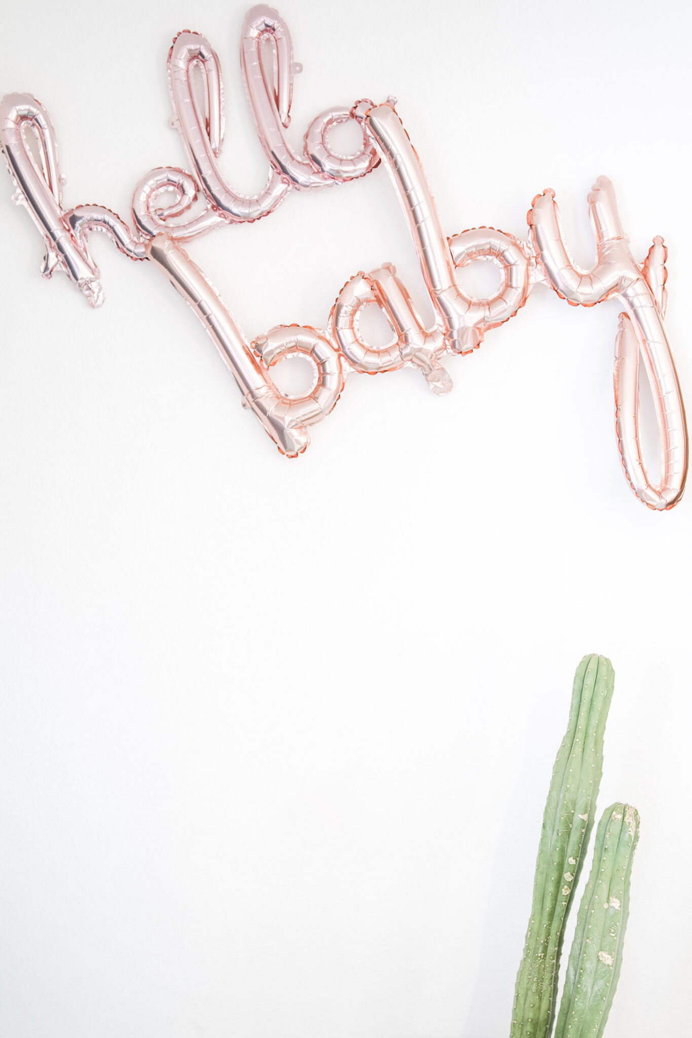 A wall with, "Hello Baby," balloons and a cactus below it. 