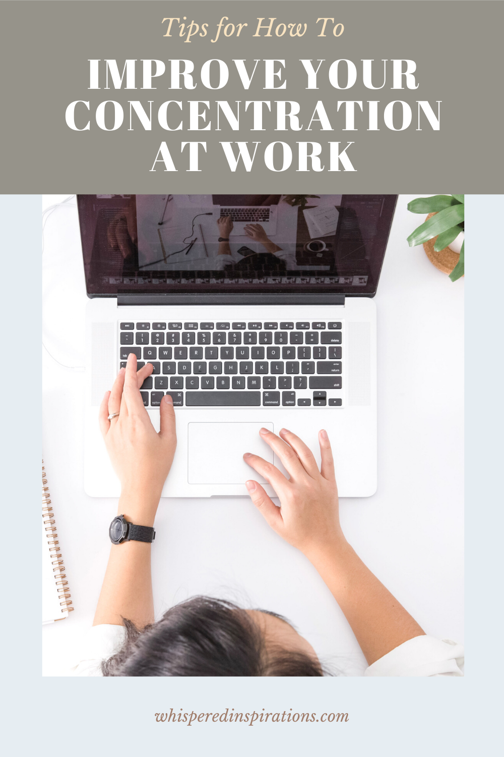 A woman types on a computer working in an office setting. This article covers tips on how to improve your concentration at work.