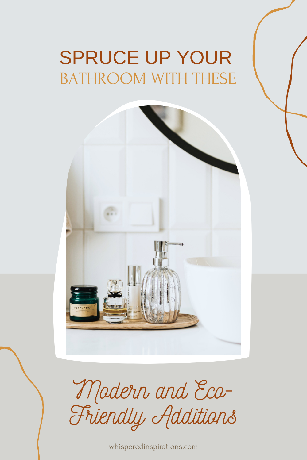 A modern yet rustic bathroom. A white tray with a gold faucet and a tray full with toiletries. Above it is a black round mirror. This article is about ways to spruce up your bathroom.