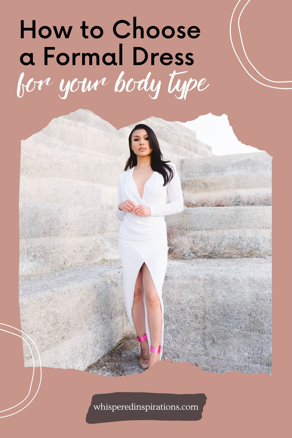 Woman stands in front of a concrete wall wearing a white formal dress. This article explains how to choose a formal dress for your body type.