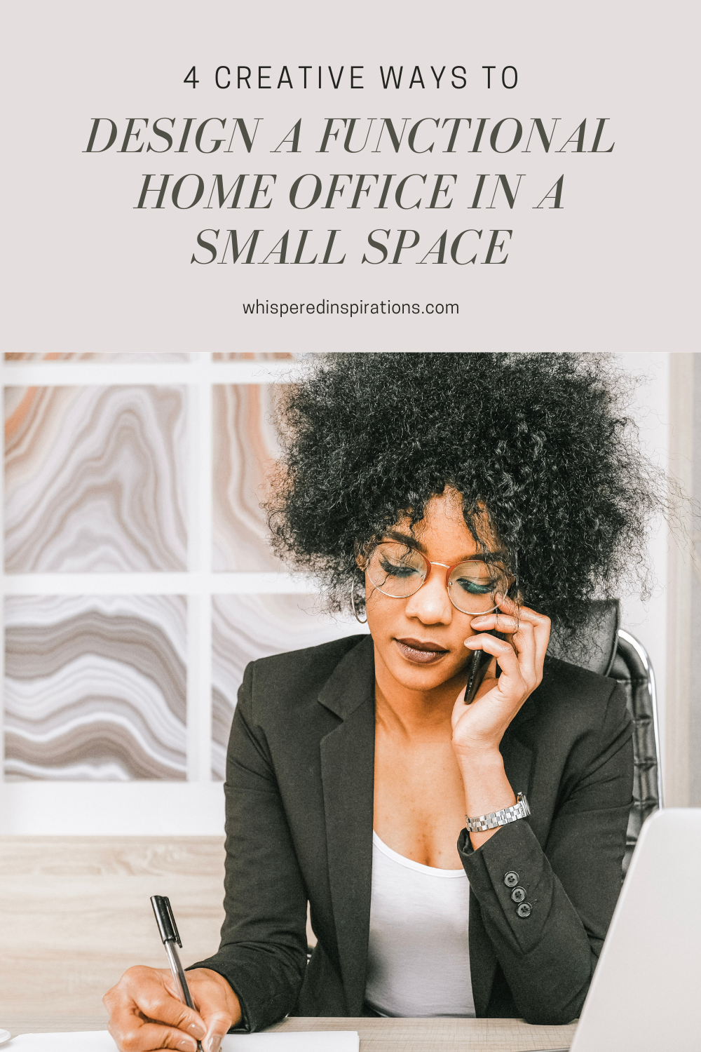 A woman writes down something at her desk on the phone. These are tips that will help design a functional home office in a small space.